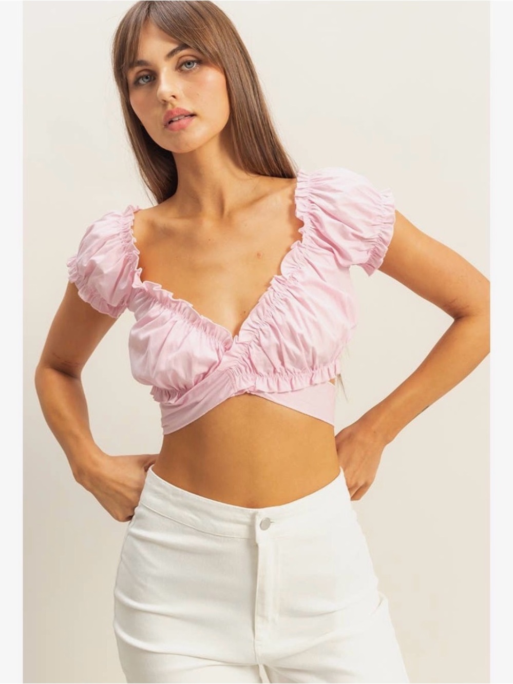 HYFVE Pink Puff Sleeve Wrap Crop Top Cottagecore Small NWT